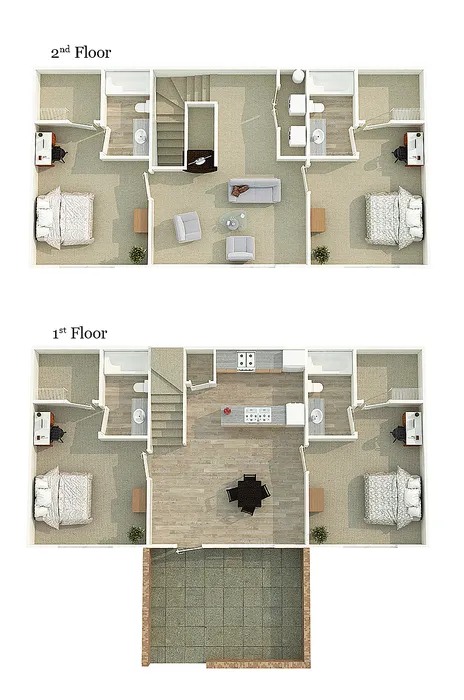 Elegant multi-level floor plan showcasing 3 bedrooms, a modern kitchen, and a cozy living area. Ideal for spacious yet comfortable living.