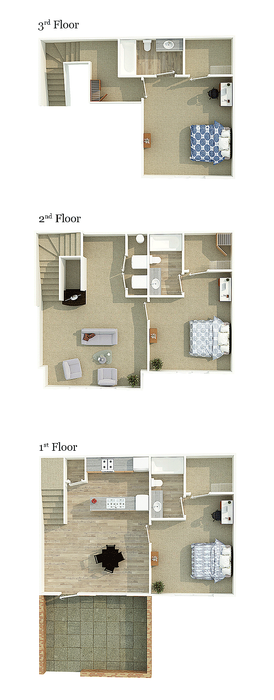 Charming three-story townhouse floor plan with three cozy bedrooms, a modern open-plan kitchen, inviting living area, and a sleek bathroom on each floor.