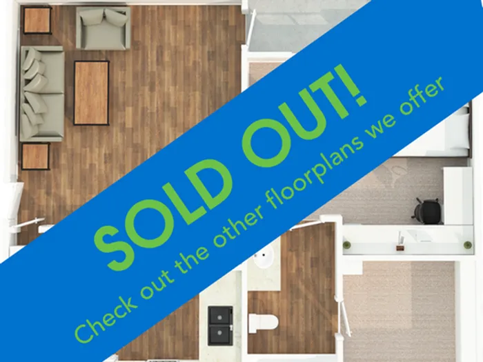 Modern floor plan showcasing an open living space, sleek kitchen, and cozy living room with contemporary furniture, marked as sold out.