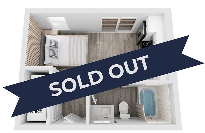 Charming 3D floor plan of a cozy one-bedroom studio with modern kitchen and stylish bathroom, overlayed with 'Sold Out' banner.