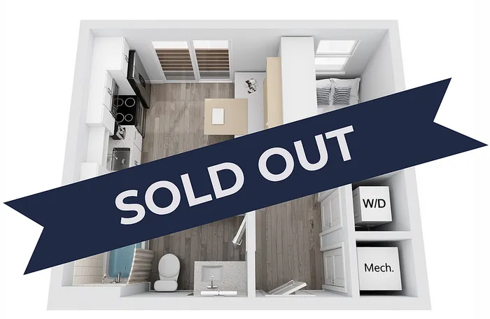 Contemporary studio apartment floor plan with sleek kitchen, cozy living area, elegant bathroom, and convenient washer/dryer space. Sold out unit.