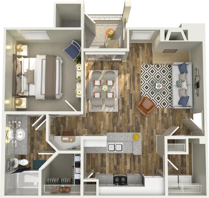 Modern open-concept floor plan showcasing a cozy bedroom, chic living area, stylish kitchen, and inviting balcony.