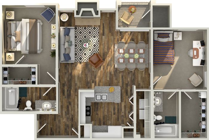 Charming 2-bedroom apartment floor plan with an open living and dining area, stylish kitchen, and private balcony.