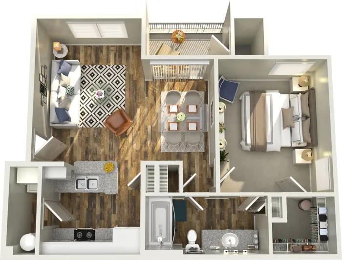 Modern 3D floor plan featuring one bedroom, cozy living area, stylish dining space, contemporary kitchen, and elegant bathroom.