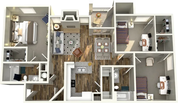 Chic floor plan showcasing a modern apartment with three bedrooms, elegant open living space, sleek kitchen with island, and cozy balcony.
