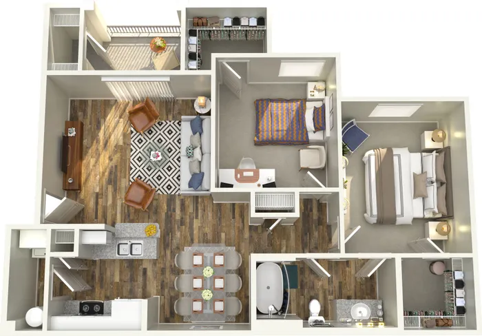Modern 3D floor plan showcasing a cozy two-bedroom apartment with an open-concept living room, stylish dining area, and a fully-equipped kitchen. Includes two bathrooms, a small office space, and a private balcony for relaxation.