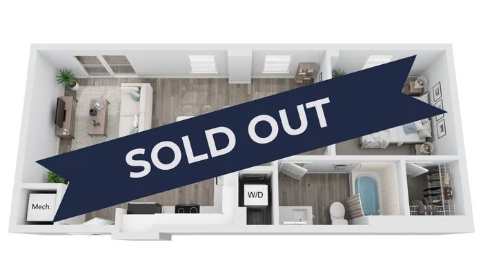 Modern and sleek 3D floor plan featuring a cozy living room, stylish kitchen with breakfast bar, and 2 inviting bedrooms, clearly labeled as 'Sold Out'.