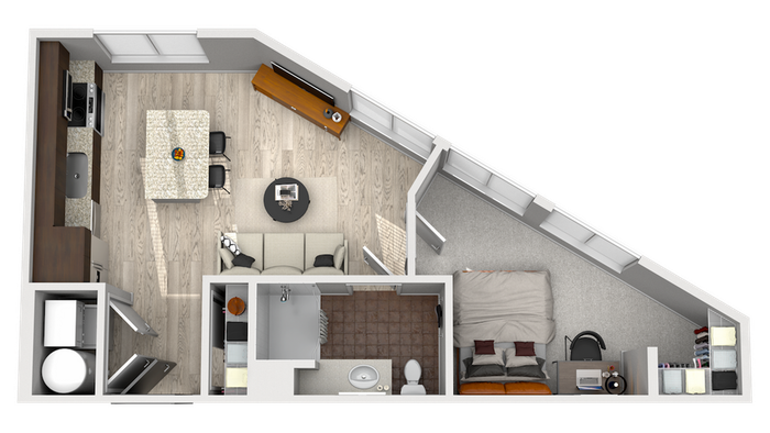 Modern one-bedroom apartment floor plan with open-concept kitchen and living area, stylish dining space, sleek bathroom, and cozy bedroom with natural light.