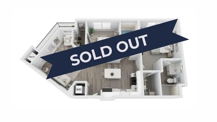 3D floor plan showcasing a stylish 2-bedroom apartment with modern kitchen, open living area, and two bathrooms. SOLD OUT banner across the image indicating high demand.