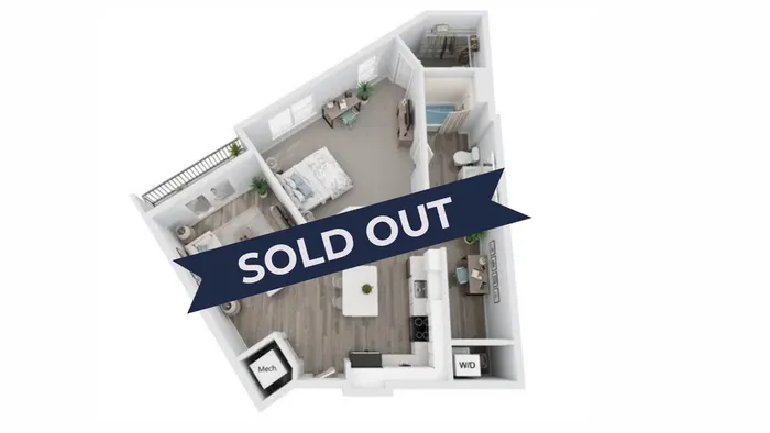 Modern 3D apartment floor plan with open living space, cozy bedroom, stylish kitchen, and balcony, marked as 'Sold Out'.