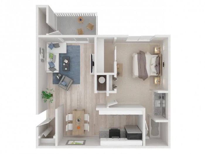 1-bedroom 1-bathroom 3D floor plan at Apex on the River apartments in Sacramento, CA
