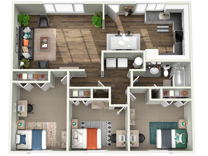 3D floor plan for 3-bedroom 1-bathroom apartment at Willow Place student living near WSU in Pullman WA