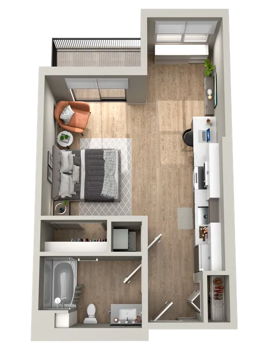 Studio apartment 3D floor plan interior view at The Current luxury apartments in Bend, OR