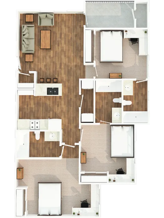 3D floor plan for 3-bedroom 3-bathroom apartment type C1 at The Zone student apartments near Texas A&M in College Station TX