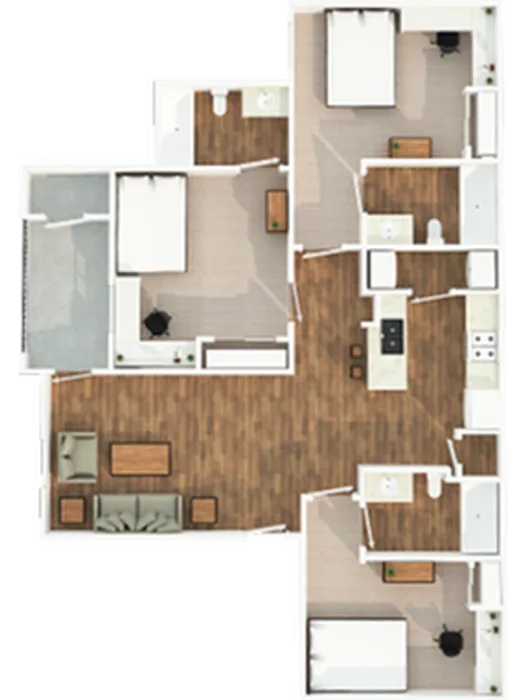 3D floor plan for 3-bedroom 3-bathroom apartment type C2 at The Zone student apartments near TAMU in College Station Texas
