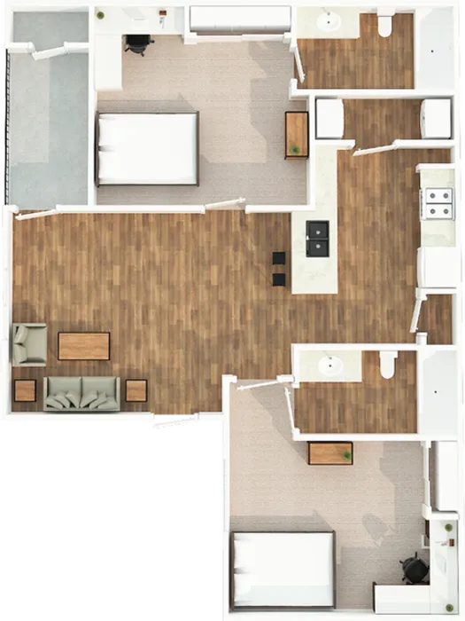 3D floor plan for 2-bedroom 2-bathroom apartment at The Zone student apartments near Texas A&M University in College Station TX