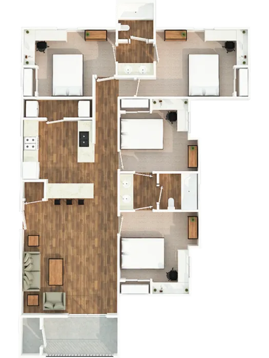 3D floor plan for 4-bedroom 2-bathroom apartment type C1 at The Zone student apartments near TAMU in College Station Texas
