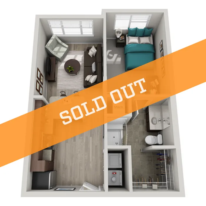 One-bedroom 3D floor plan with compact living area and modern kitchen, marked as sold out.