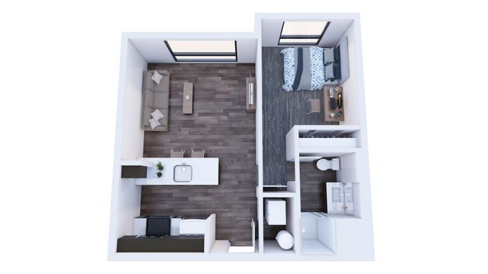 Republic on Main apartment floor plan showcasing an open-concept living area, sleek kitchen, cozy bedroom, and stylish bathroom in Moscow, ID