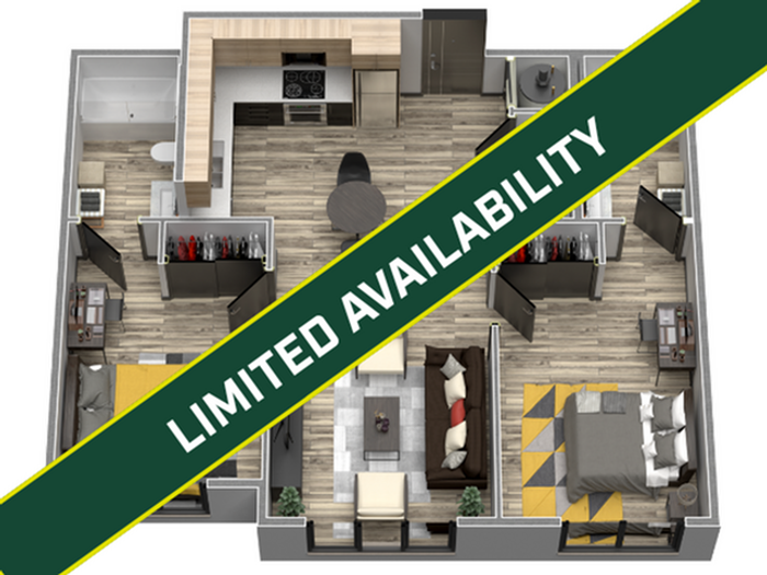 Modern 3D floor plan with 2 bedrooms, stylish open-concept living area, contemporary kitchen, and dining space. Limited availability for this chic design.