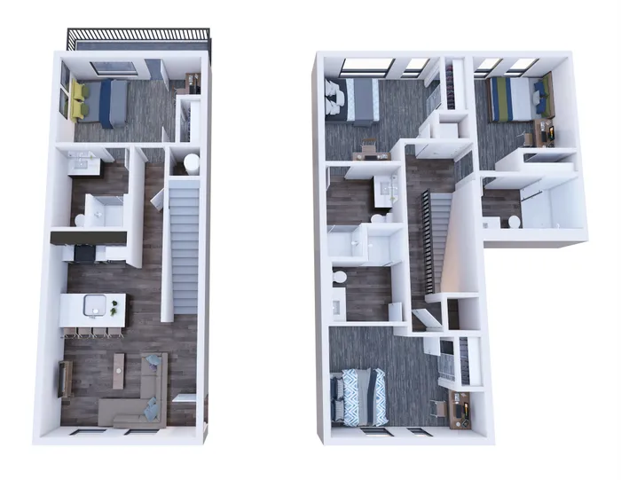 Modern 2-level floor plan showcasing 3 bedrooms, contemporary kitchen with island, and spacious living area with natural light.