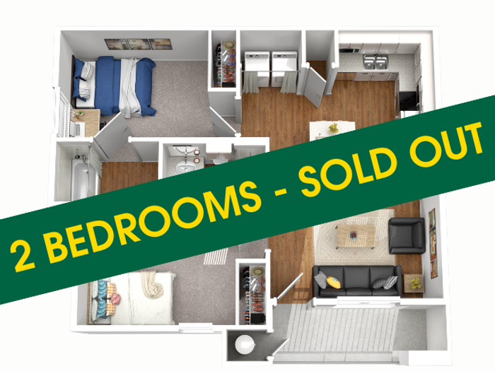 Modern 2D floor plan showcasing 2 bedrooms, stylish living area, and contemporary kitchen. Sold out!
