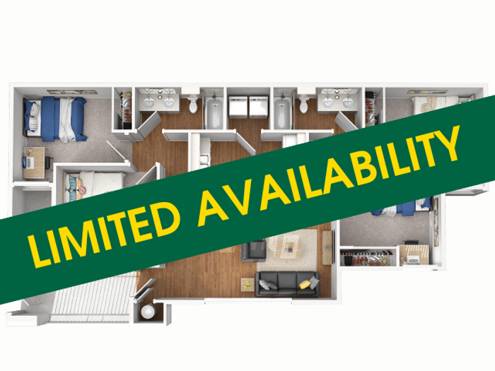 Limited availability for stylish 3D floor plan featuring two bedrooms, two bathrooms, and an open-concept living area.