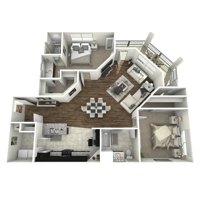 Corbin Crossing 3D floor plan showcasing 2 luxurious bedrooms, an open-concept living area, modern kitchen with elegant dining space, and a relaxing balcony.