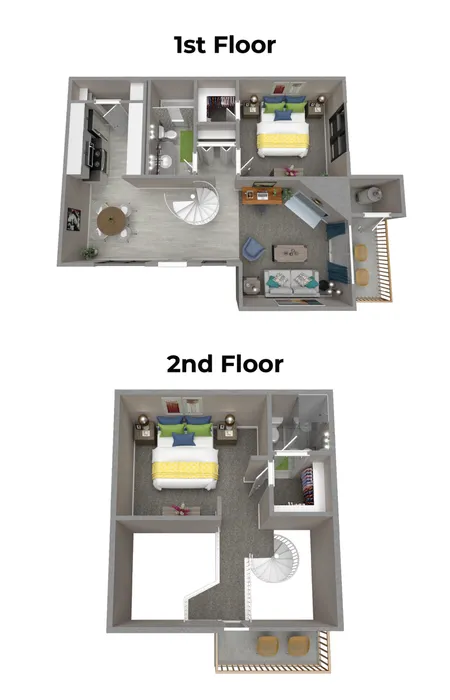 Elegant two-story floor plan in 255 North featuring a modern open-concept living area, stylish kitchen, and spacious bedroom on the 1st floor. The 2nd floor offers a cozy bedroom and a private balcony with spiral staircase.