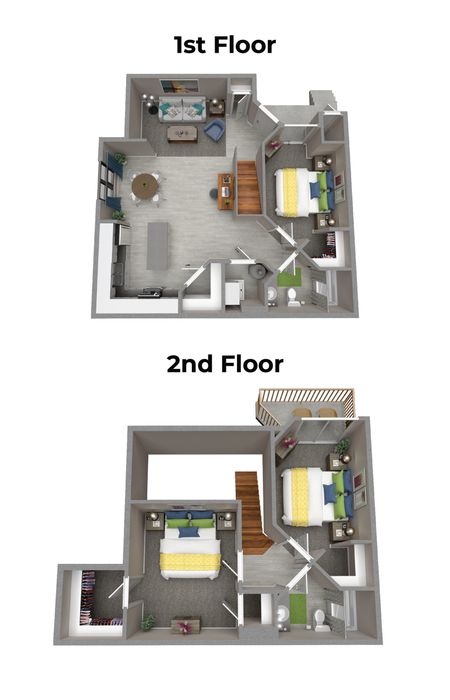 Modern two-story 255 North apartment floor plan showcasing a cozy living room and kitchen on the 1st floor, with three spacious bedrooms and a balcony on the 2nd floor, perfect for comfortable family living.