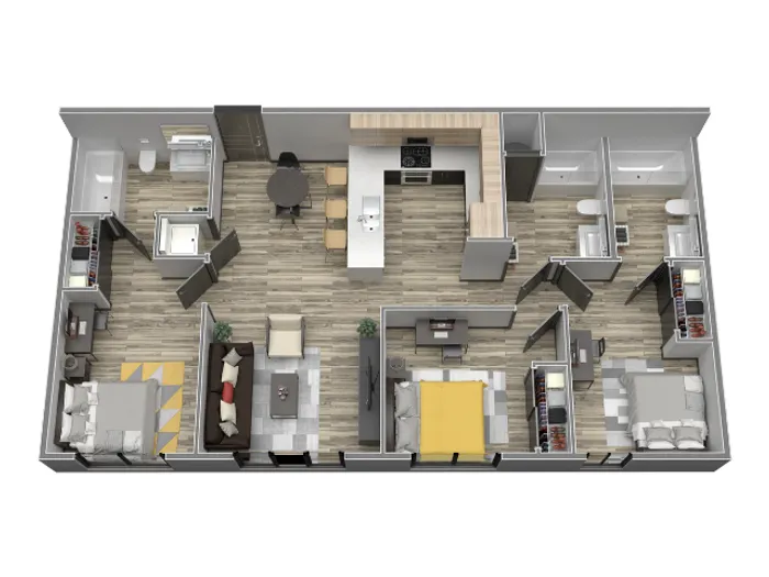 Three Bedroom Three Bathroom 3D Floor Plan at The Flats at Chase Student Apartments in Eugene, OR