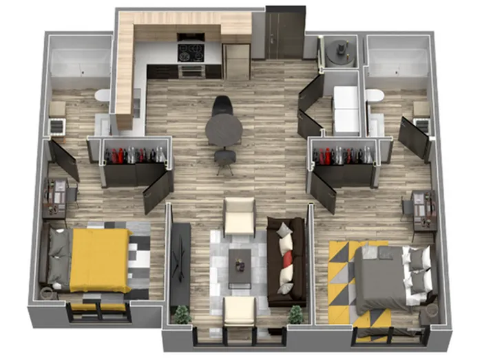Two Bedroom Two Bathroom 3D Floor Plan at The Flats at Chase Student Apartments in Eugene, OR