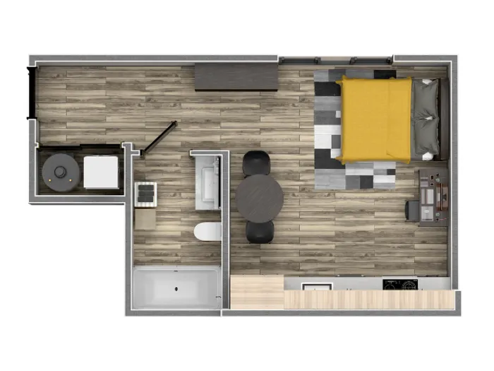 Studio Apartment 3D Floor Plan Layout at The Flats at Chase Student Apartments in Eugene, OR