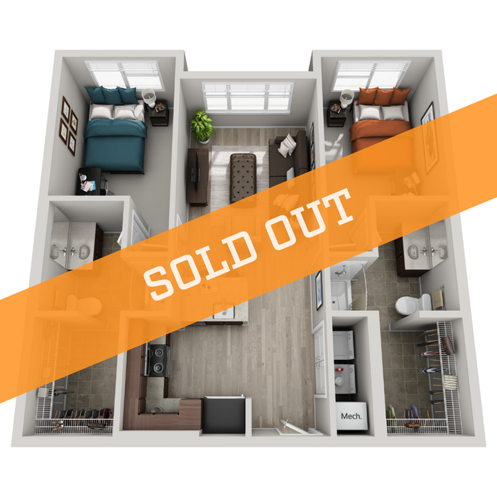 Modern 3D floor plan showcasing 2 cozy bedrooms, stylish open-concept living area, sleek kitchen, and two elegant bathrooms, highlighting efficient space utilization. SOLD OUT across the design.