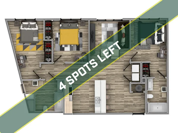 Modern floor plan with two bedrooms, open living space, and sleek kitchen layout, highlighting limited availability with '4 Spots Left' banner.
