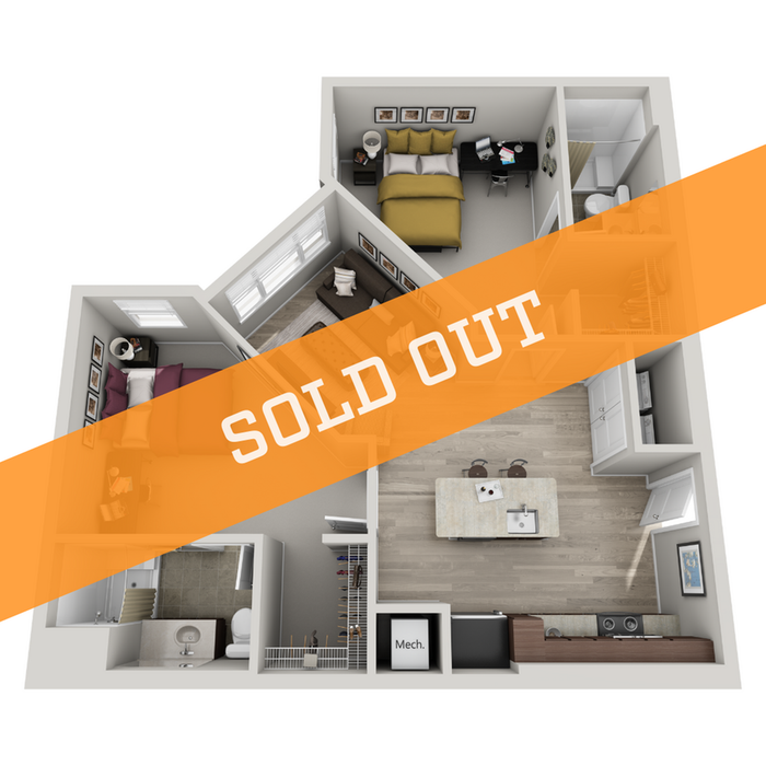 Chic 3D floor plan showcasing a modern 2-bedroom apartment with stylish living area and kitchen, marked as sold out.