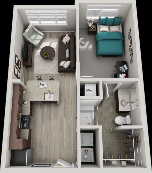 Contemporary 1-bedroom apartment floor plan featuring an open-concept living room, sleek kitchen with island, modern bathroom, and dedicated laundry space.