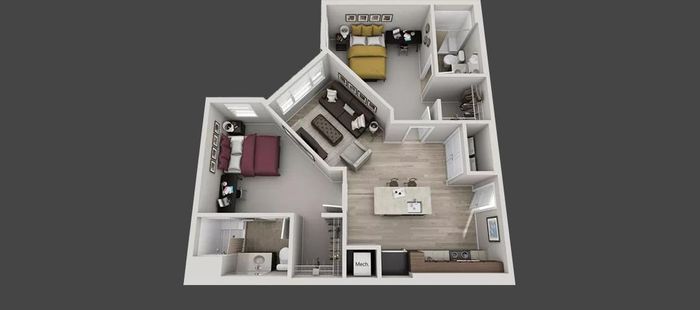 Modern 3D floor plan showcasing 2 bedrooms, 2 bathrooms, a sleek kitchen with island seating, and a cozy living area, designed for comfortable urban living.