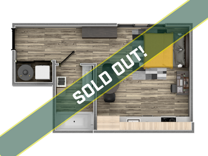 Chic studio apartment floor plan featuring a cozy bedroom area, modern kitchen, and stylish bathroom, marked as sold out.
