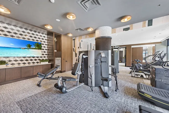 Weight machines, SkillMill treadmills, Eschelon-on-demand spin bikes, and a flat-screen TV.
