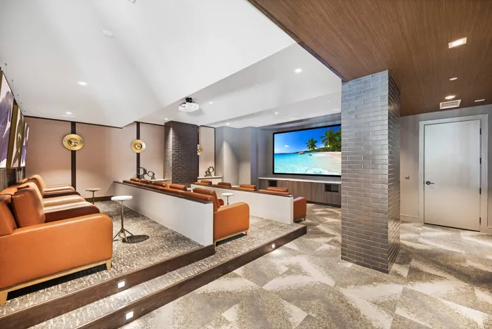 Theater with three elevated rows of large, leather seats facing a large projector screen.