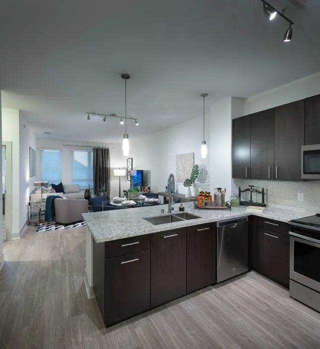 Open-concept kitchen, dining, and living space with ash-gray wood-style floors, dark modern wood cabinets, stainless steel appliances, granite countertops, and a spacious living area with windows and a glass door leading to the balcony.