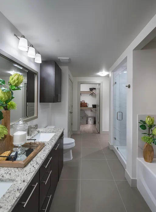 Bathroom with a frameless glass walk-in shower, dual vanity with a granite countertop, and an attached walk-in closet.