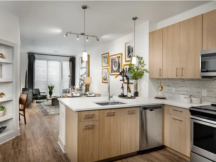 Open-concept kitchen with stainless steel appliances, light wood-style cabinetry and a peninsula. There is a spacious dining and living room area with large windows.