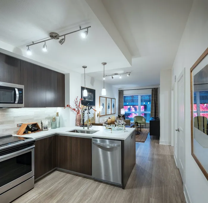 Open-concept kitchen and living space with light wood-style floors, dark frameless cabinets, stainless appliances, and floor-to-ceiling windows