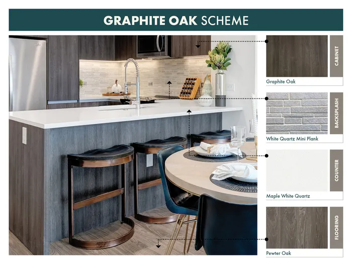 kitchen photo with gray title backsplash, white quartz countertops, and brown wood cabinets and floors