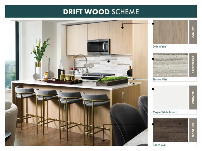 kitchen photos with white quartz countertop, dark brown wood flooring, cream title backsplash, and light wood cabinets