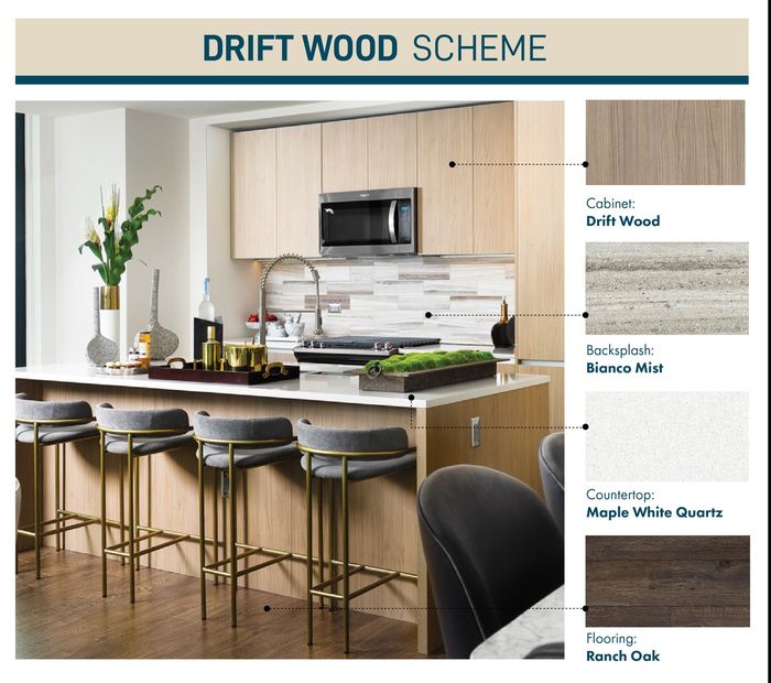 kitchen photo with white quartz countertops, beige wood cabinets, brown wood flooring, and Bianco mist title backsplash