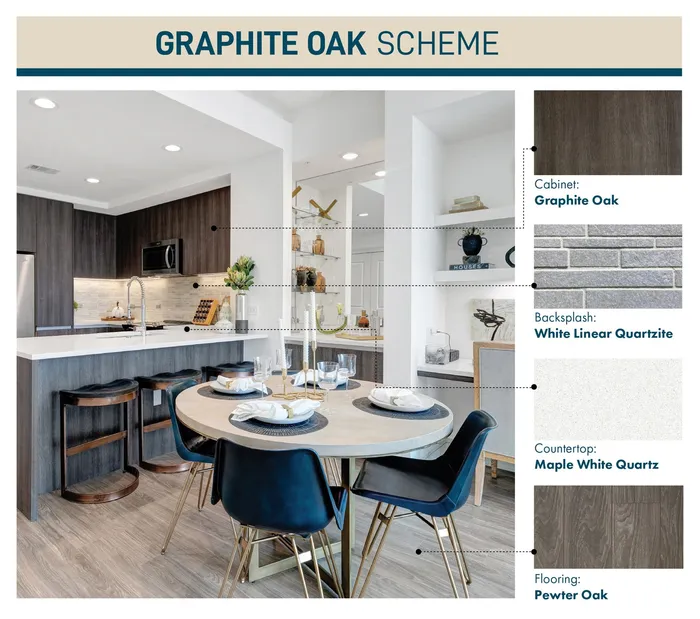 kitchen photos with white quartz countertops, gray title backsplash, gray brown wood cabinets and flooring
