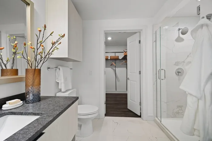Bathroom with toilet, frameless glass shower with white marble tile and vanity area with white wood cabinetry and black stone counters